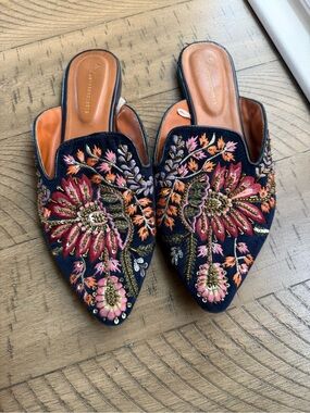 Anthropologie Pointed-Backless Slip-On Mules -  Embroidered